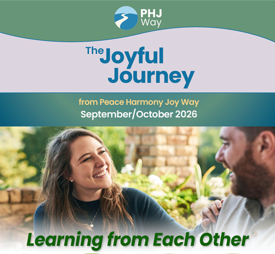 A cover page for a program titled 'The Joyful Journey' from Peace Harmony Joy Way, September/October 2026, featuring a smiling woman and a man outdoors.