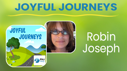 Book cover titled 'Joyful Journeys' with an illustrated landscape of green hills, a tree, and clouds, alongside a photo of a woman with short brown hair and glasses, and the name Robin Joseph.
