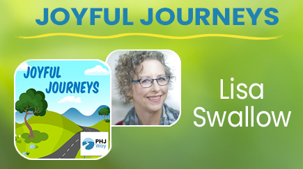 Book cover titled 'Joyful Journeys' with a cartoon landscape and photo of Lisa Swallow, published by PHJ Way.