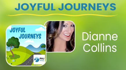 Header with 'Joyful Journeys' title, a photo of Dianne Collins, and a book cover titled 'Joyful Journeys' with a tree and mountains for PHJ Way.