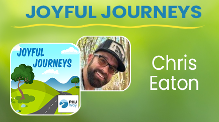 Joyful Journeys book cover with mountain landscape and a photo of Chris Eaton in a circular frame.