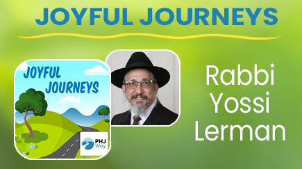 Cover of a book titled 'Joyful Journeys' featuring a cartoon landscape with a tree and hills, a photo of Rabbi Yossi Lerman, and text indicating his name along with the PHJ Way logo.