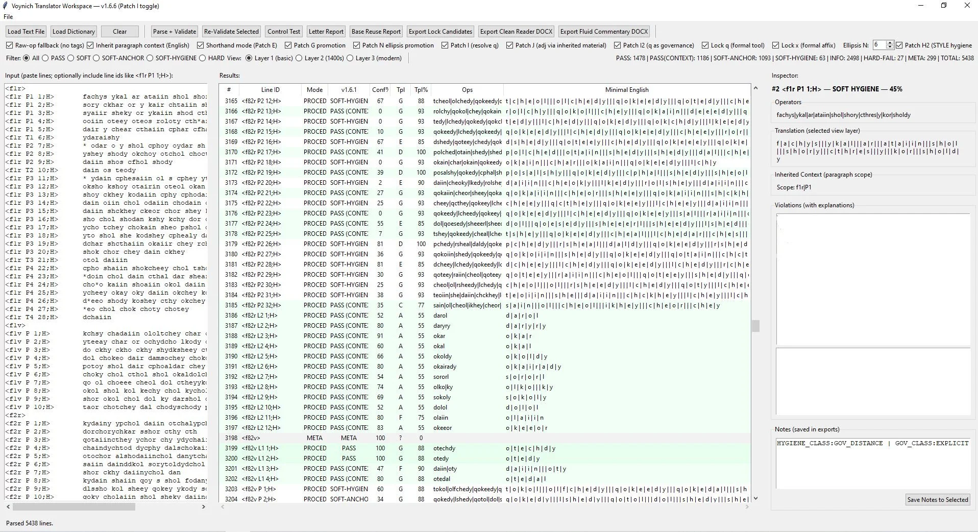 Screenshot of a transcription software interface displaying lines of text and phonetic transcriptions, used for analyzing and translating speech. The interface includes various controls and options for processing the text.