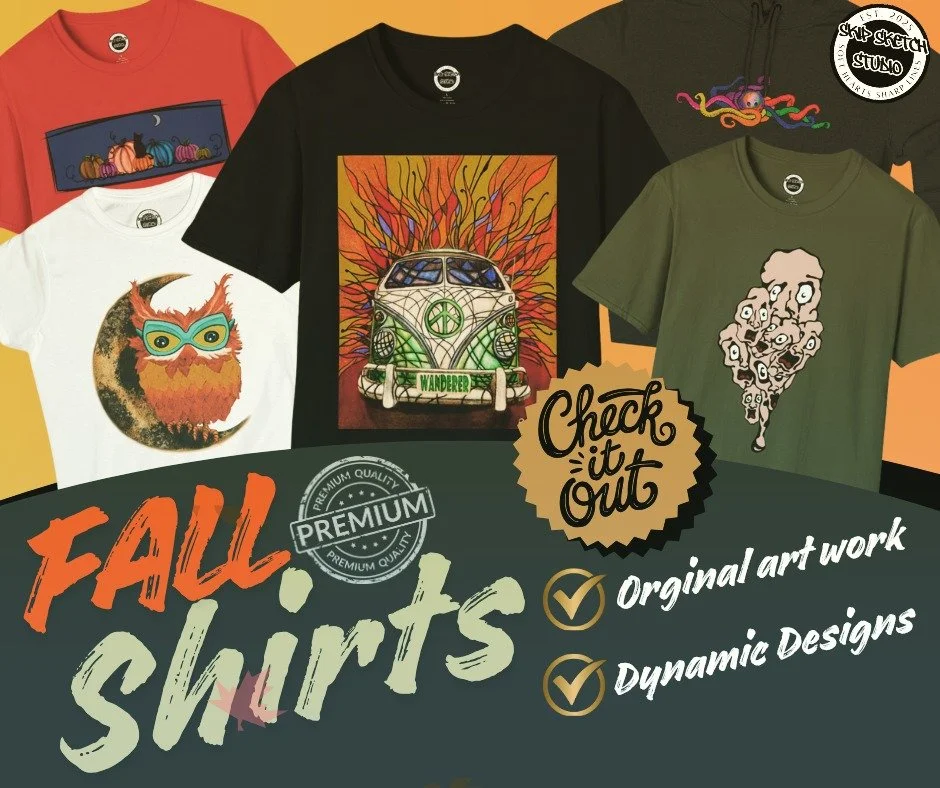 Need a new design for Thanksgiving this year? 🍂🍁🍄 
Here at Skip Sketch Studio, minds are bursting with creative designs and future plans, while also doodling in any down time. See if one of our creations captures your ✨fall vibe✨

https://skip-ske