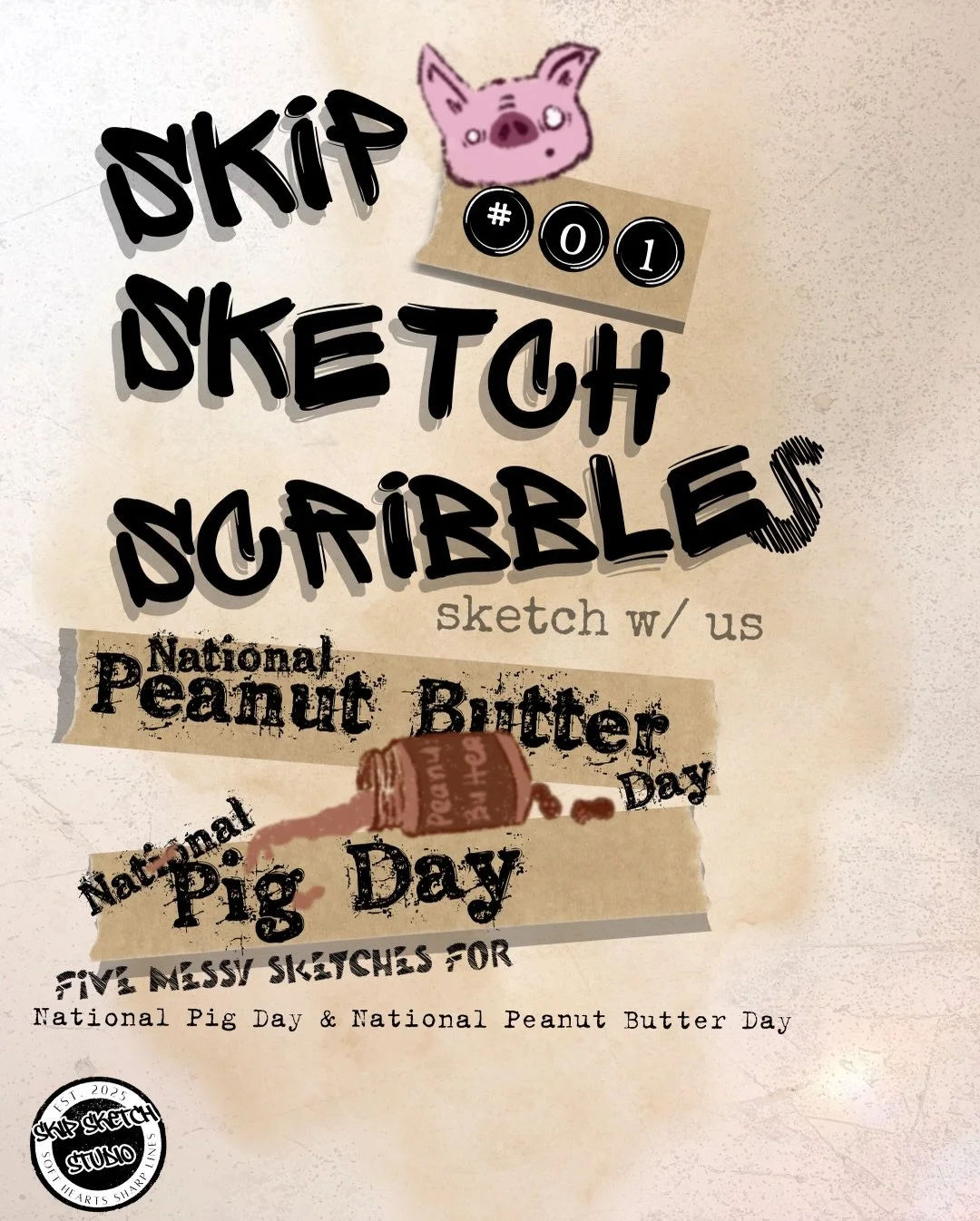 March 1st=National Pig Day + National Peanut Butter Day. (yea, news for us too) so we hadddd to do a little scribbling mash up&hellip;

Five different people.
Inspo: Peanut Butter + Pig
One rule: no erasing-just scribbles.

This is SKIP SKETCH SCRIBE