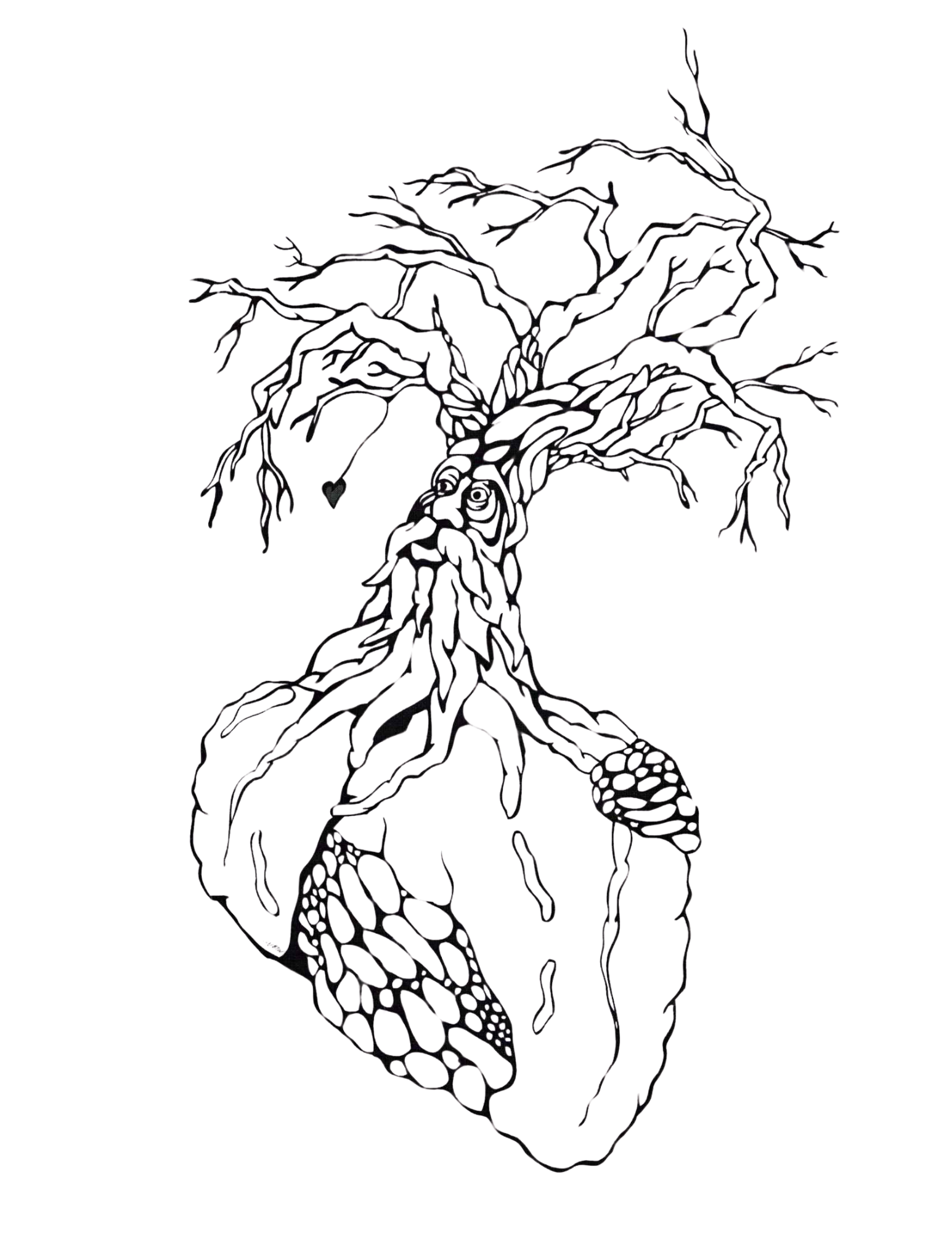 A black and white illustration of a human heart with tree-like branches growing from the top, with a small hanging heart on a branch.