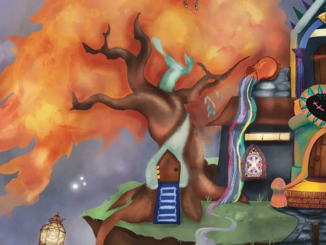 A fantasy scene featuring a large, fiery orange tree with glowing lanterns floating above, and a whimsical building with colorful details and a sign that reads 'Skip Sketch Studio'.