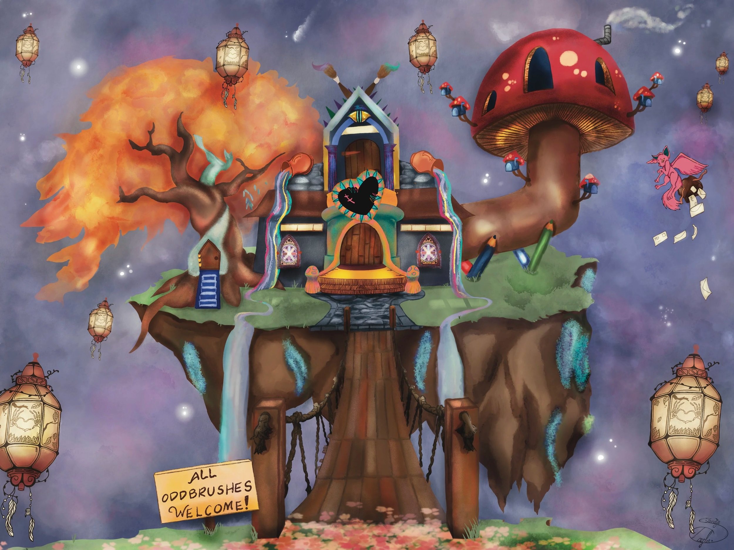 Whimsical fantasy scene of a floating island with a colorful castle, large glowing tree, rainbow waterfalls, giant mushroom house, hanging lanterns, and a flying purple creature, with a sign that reads 'All Oddbrushes Welcome!'