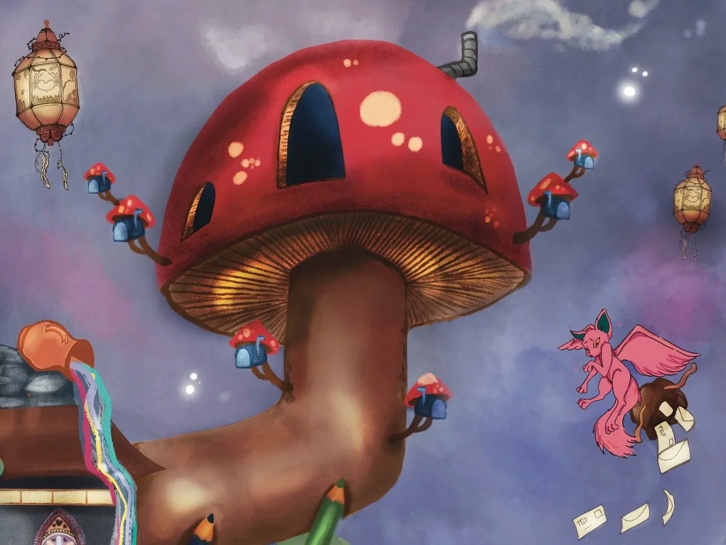 A fantasy scene featuring a giant mushroom house with red cap and windows, surrounded by smaller mushroom structures, floating lanterns, a stream with rainbow-colored water, a purple flying creature, and floating envelopes against a night sky with clouds and bright stars.