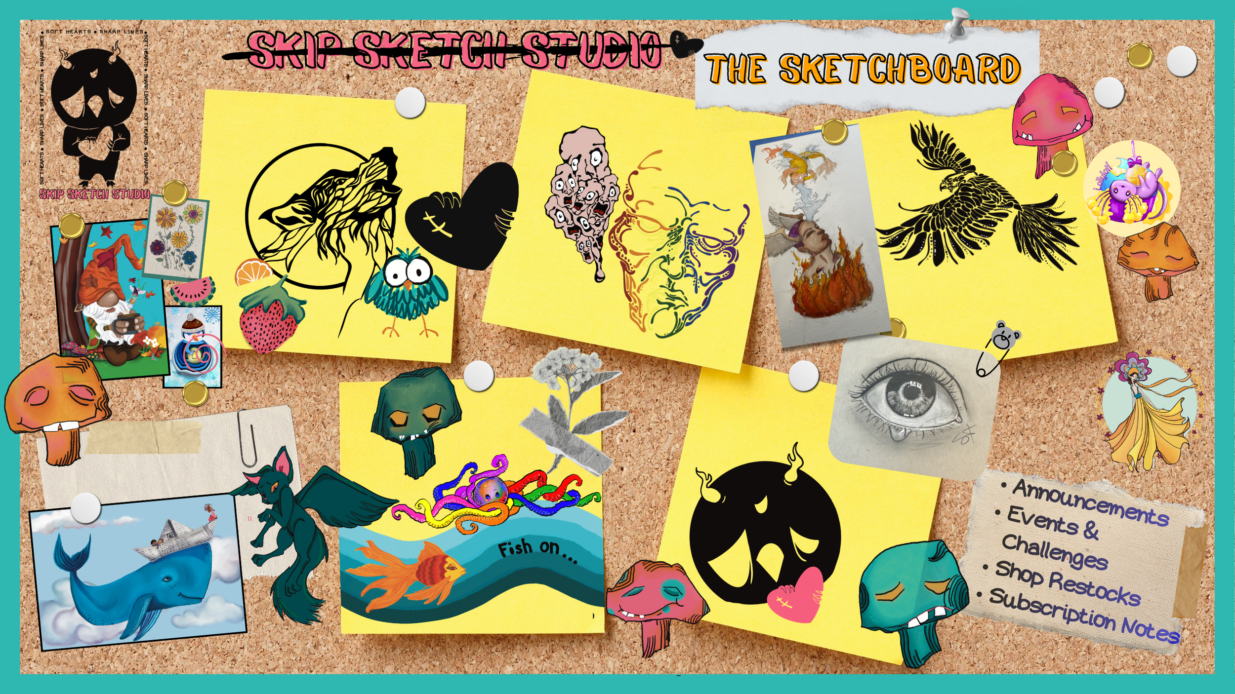 A corkboard with various sticky notes, pictures, and pins related to art and design, titled 'The Sketchboard.'