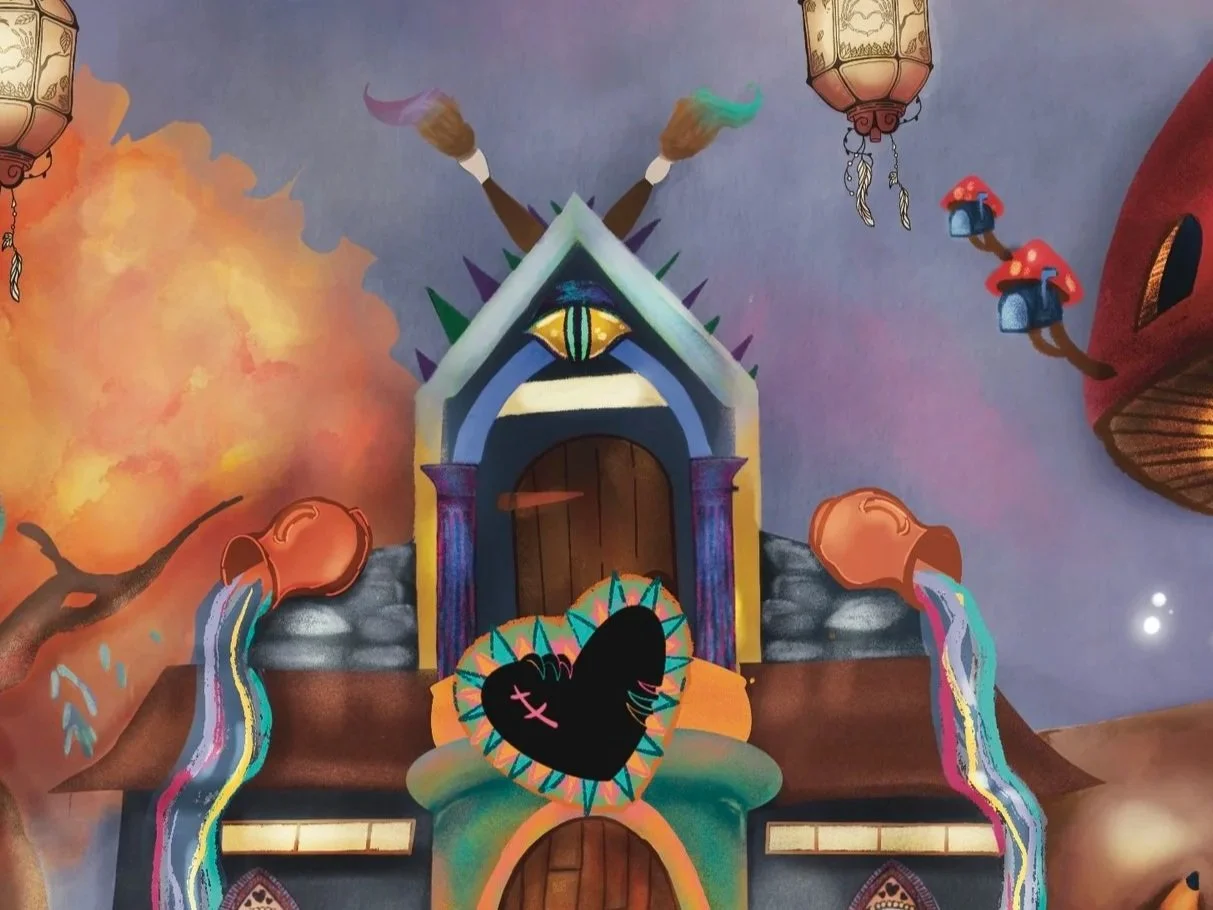 A colorful, whimsical fantasy scene featuring a house with a large, pointed roof and rainbow-colored streams flowing from clay pots on each side. The sky is twilight with stars and a bright moon. Lanterns hang on either side, and additional fantasy elements include flying paintbrushes and mushroom-like trees.