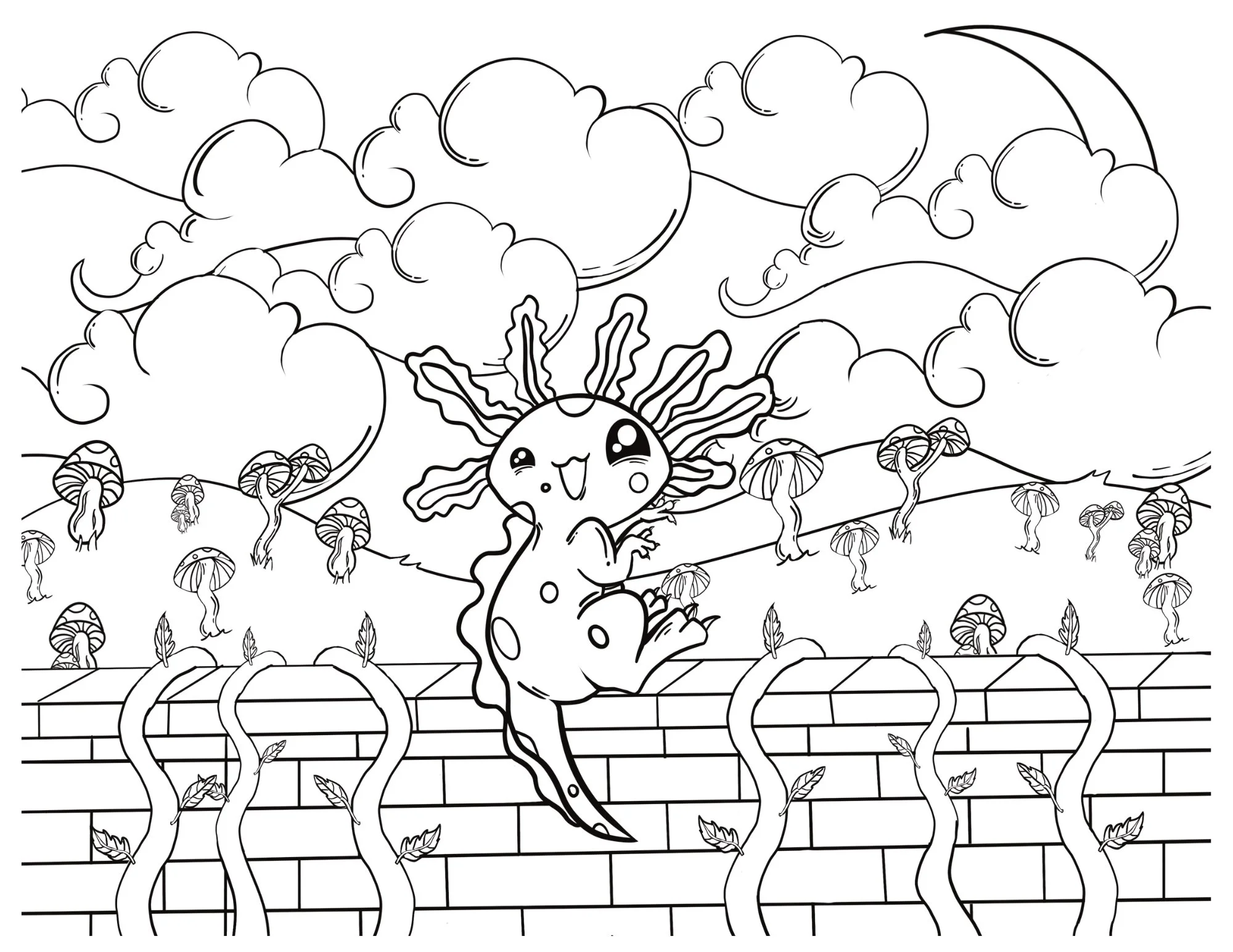 Cute axolotl on a wall to color!