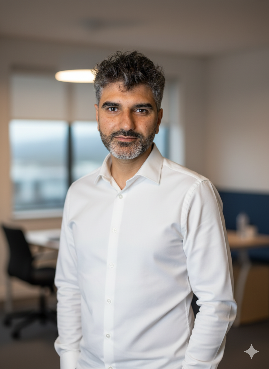 Mand i hvid skjorte står i et moderne kontor med store vinduer i baggrunden.