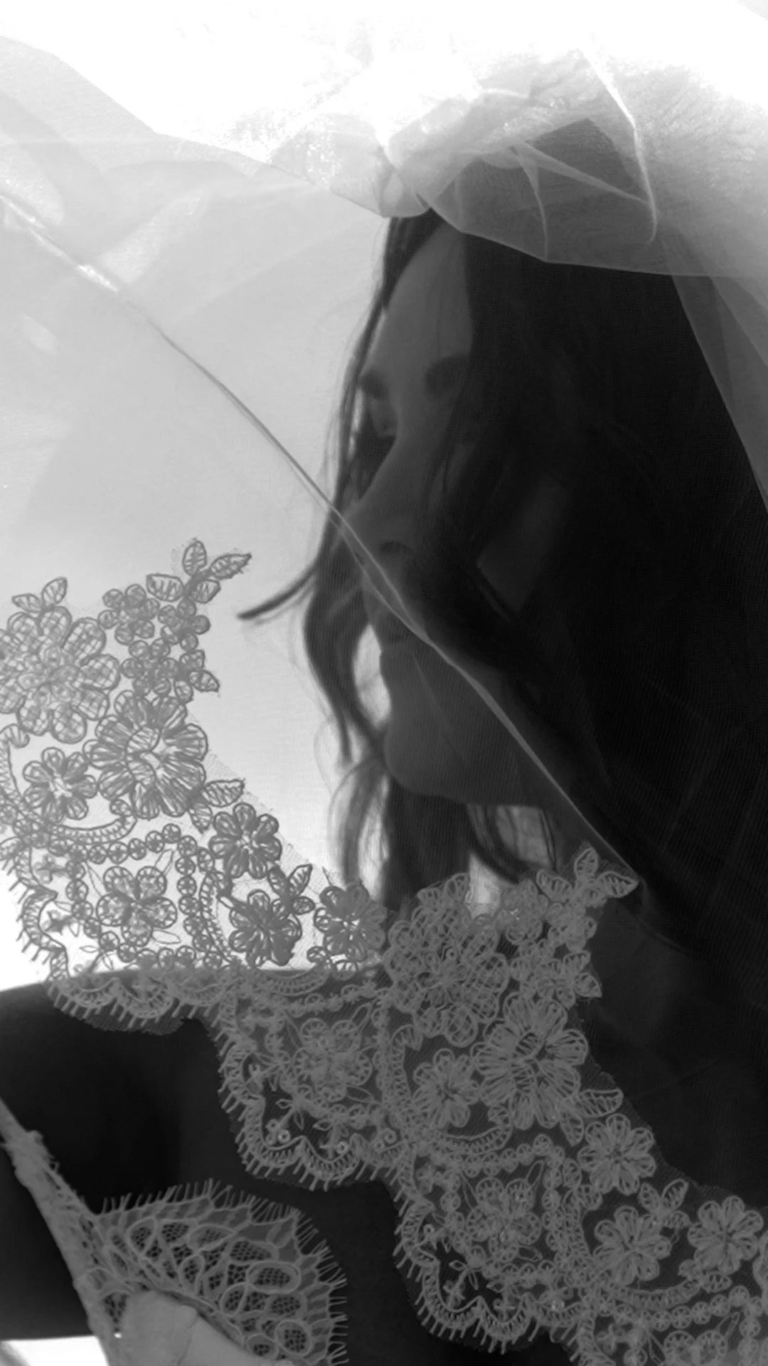 A woman with wavy hair looks down, partially obscured by a sheer veil and intricate lace fabric with floral motifs.
