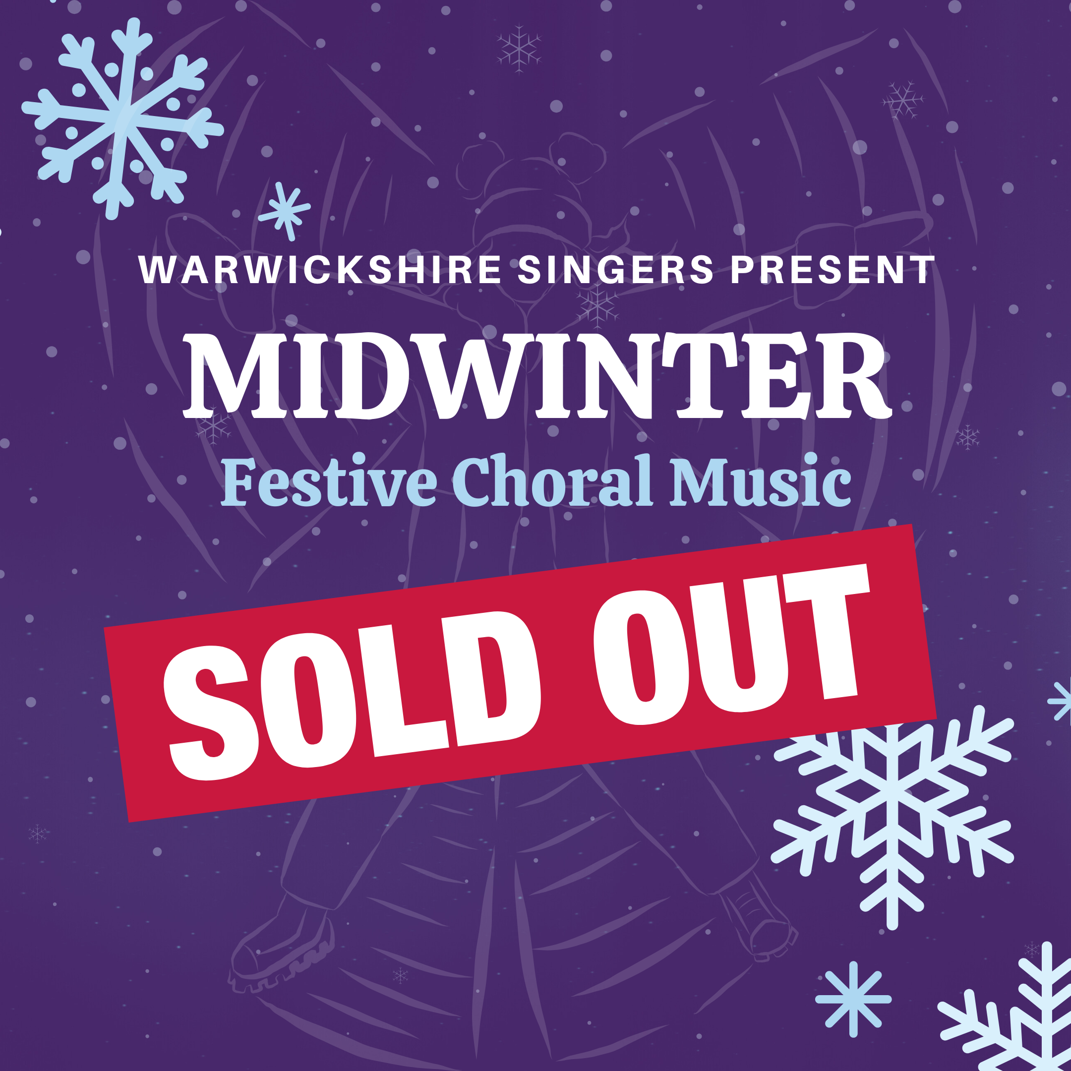 Warwickshire Singers Present Midwinter Festive Choral Music. Purple thumbnail with faded snow angel relief and snowflake decorations