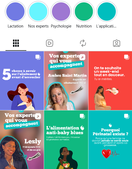 Capture d'écran d'une publication Instagram sur la grossesse, comprenant plusieurs sections avec conseils d'experts, nutrition, psychologie, et applications pour la grossesse, avec des illustrations de femmes enceintes et textes en français.
