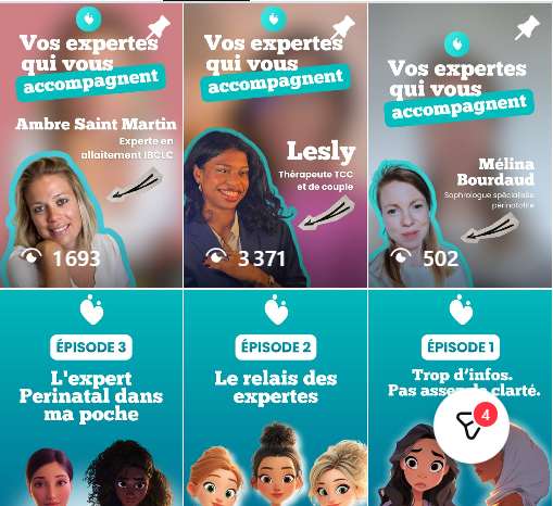 Trois affiches publicitaires pour un service d'experts accompagnant des personnes. Chaque affiche présente une femme différente avec son nom, sa spécialité, un nombre d'écoutes, un titre d'épisode, et un titre de contenu. Les femmes sont Ambre Saint 