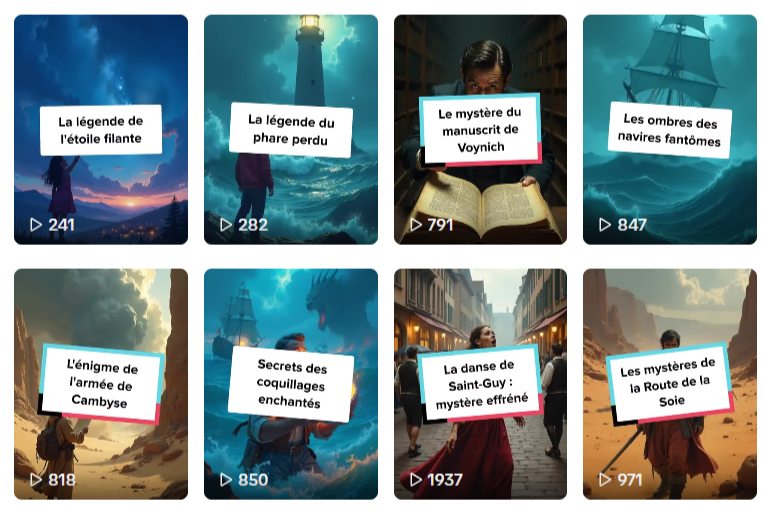 Images représentant des titres de vidéos ou de chapitres liés à des légendes mystérieuses ou légendes mystiques, évoquant la mer, les étoiles, des légendes anciennes et des mystères mystérieux.