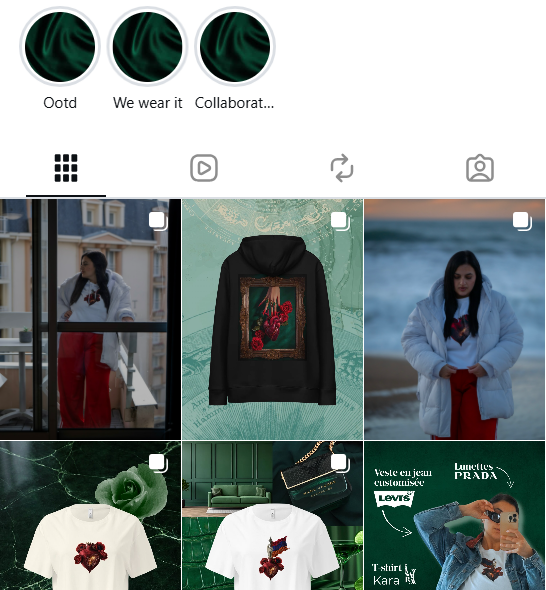 Compilation de vêtements et accessoires avec des motifs de roses, une personne portant des vêtements dans différentes scènes, et un hoodie noir avec une broderie de roses.