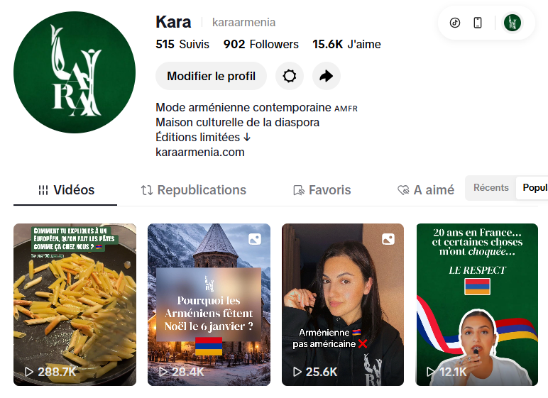 Page de profil TikTok de Kara, avec un logo vert et blanc, description en arménien, et plusieurs vidéos populaires, dont des sujets culturels et festifs arméniens.