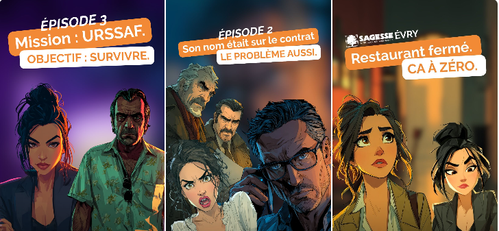 Trois bandes dessinées représentant différents épisodes d'une histoire. La première montre deux personnages, un homme et une femme avec un fond violet, avec le texte « Épisode 3 Mission : URSSAF. Objectif : SURVIVRE. ». La seconde montre un groupe de