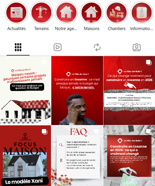 Capture d'écran d'une page Instagram avec plusieurs publications et icônes au sommet pour Actualités, Terrains, Notre âge, Maisons, Chantiers, Information.