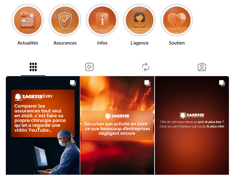 Capture d'écran d'une application ou d'un site web avec des icônes orange pour Actualités, Assurances, Infos, L'agence, Soutien, et une section centrale avec trois articles ou diapositives liés aux assurances et à la sécurité en 2026.