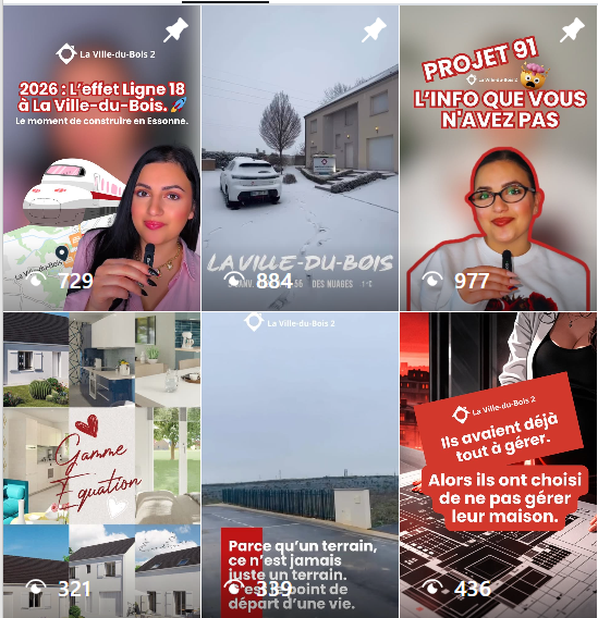 Collage de plusieurs images et dessins, incluant un modèle de train, une voiture dans la neige, deux femmes avec micro, images de maisons, une vue sur la mer, et des textes en français concernant la construction, la gestion de maison, et des projets.