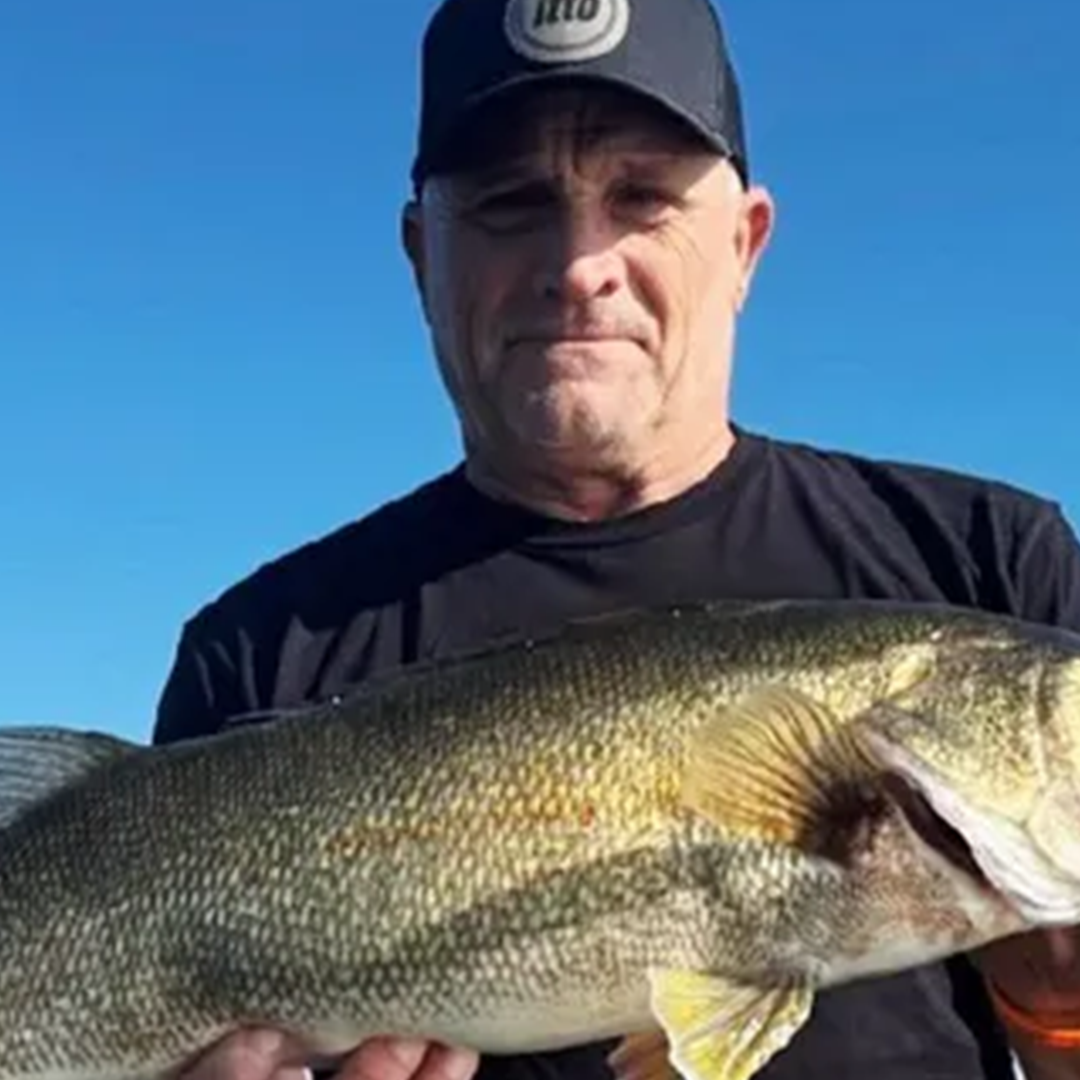 Man wearing a cap and black shirt holding a large fish outdoors with a clear blue sky in the background.