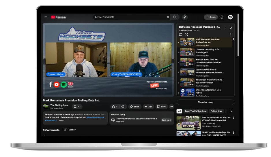 Screenshot of a live YouTube video titled 'Between Hooksets Podcast.' It features two men, Chasen Walter and Curt, speaking into microphones in a podcast recording setup. The screen shows the video with a chat section, a list of other videos on the right, and the YouTube interface.