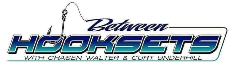 Logo for 'Between the Hooks' featuring a fishing hook and the names Chasen Walter and Curt Underhill.