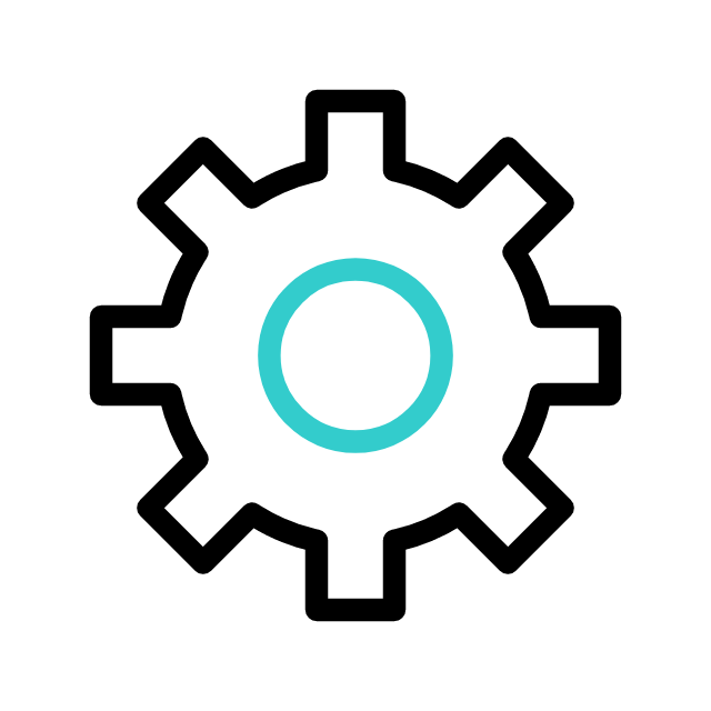 A gear icon with a circular center, outlined in black with a blue inner circle.