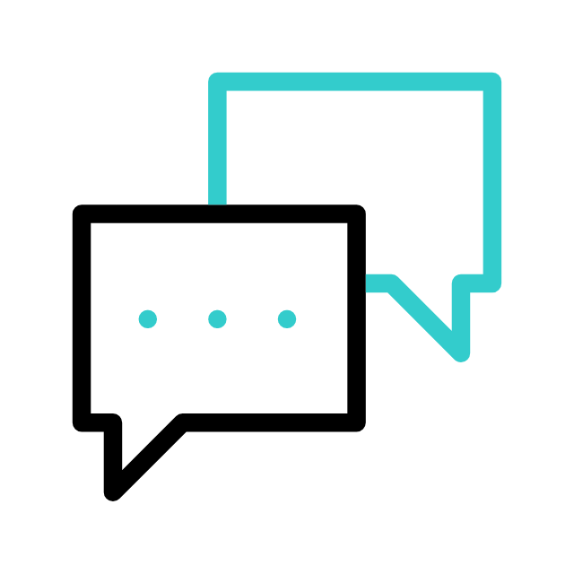 Two speech bubbles, one black with three dots and one teal outline.