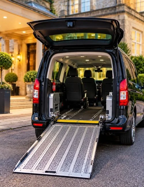 Wheelchair accessible chauffeur vehicle with rear access ramp for private transport in Ireland with Claddagh Tours.