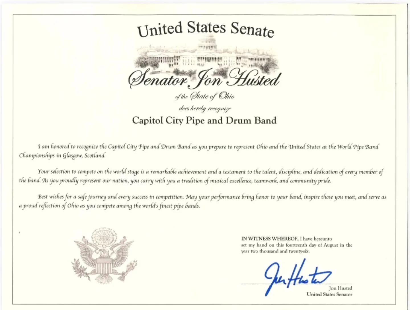 Thanks so much to Senator Husted  for his recognition and warm wishes!  We will do Ohio proud!