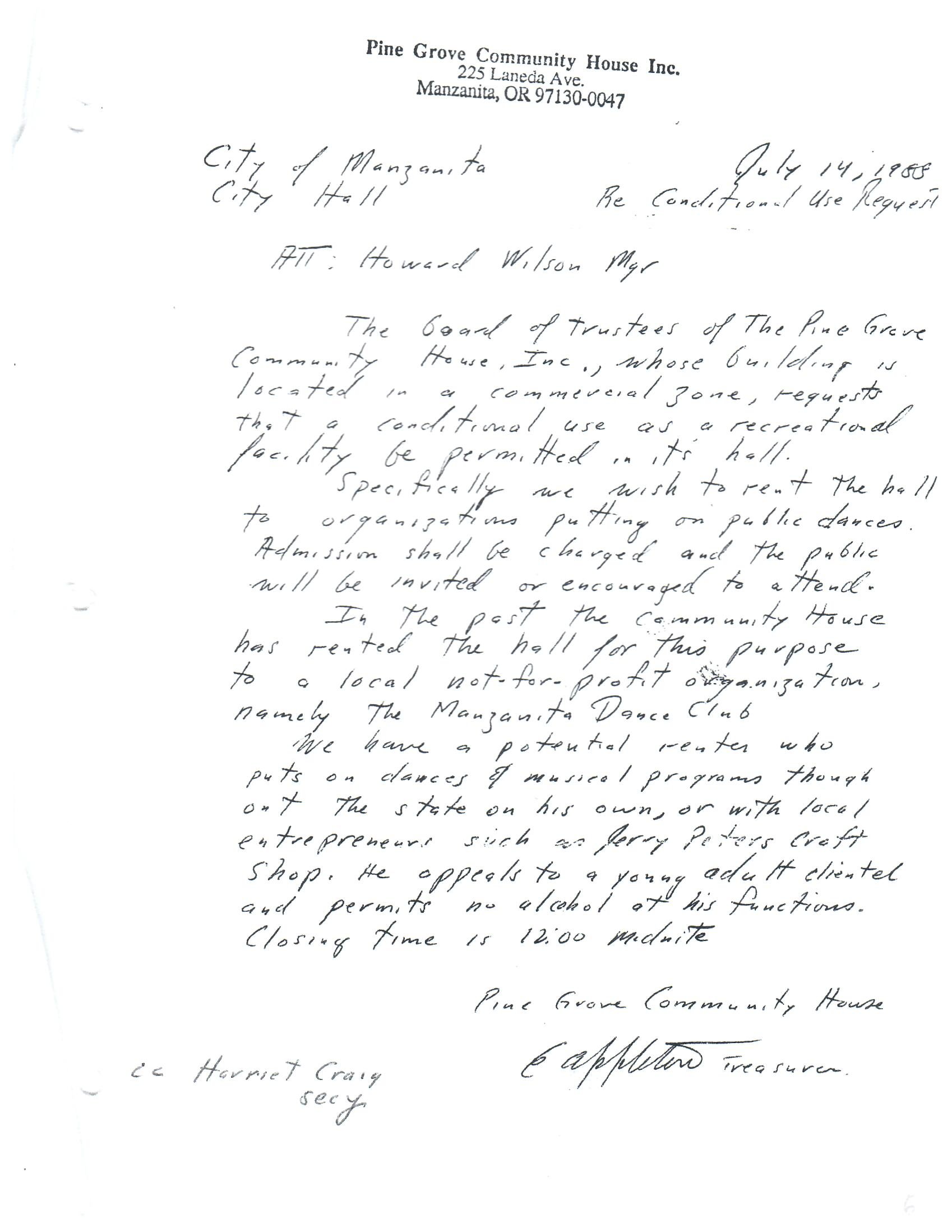 Handwritten letter from Pine Grove Community House Inc., dated July 14, 1980, regarding the use of the hall for recreational and dance activities, signed by C. Appleton, treasurer.