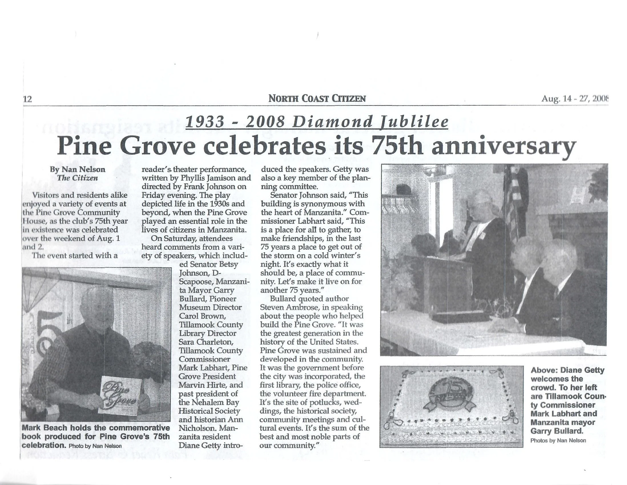 A black-and-white newspaper article titled "Pine Grove celebrates its 75th anniversary" with the date August 14-27, 2008. The article features photos of a book titled "Pine Grove 75th celebration" held by Mark Beach, a man wearing glasses and a suit,