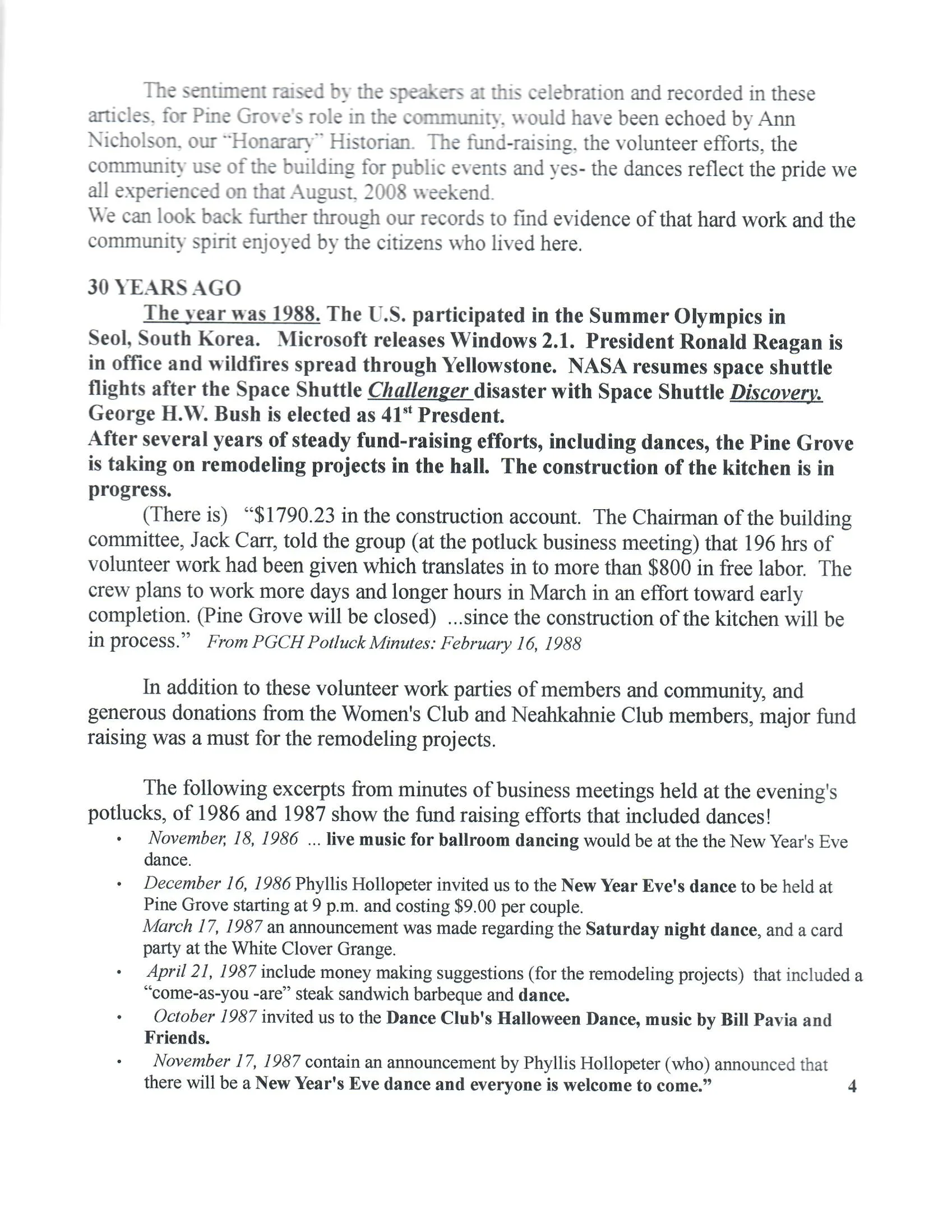 Page of text discussing community event history, including details about a 1988 project in Pine Grove, volunteer efforts, and historical dates related to local dances and fundraisers.