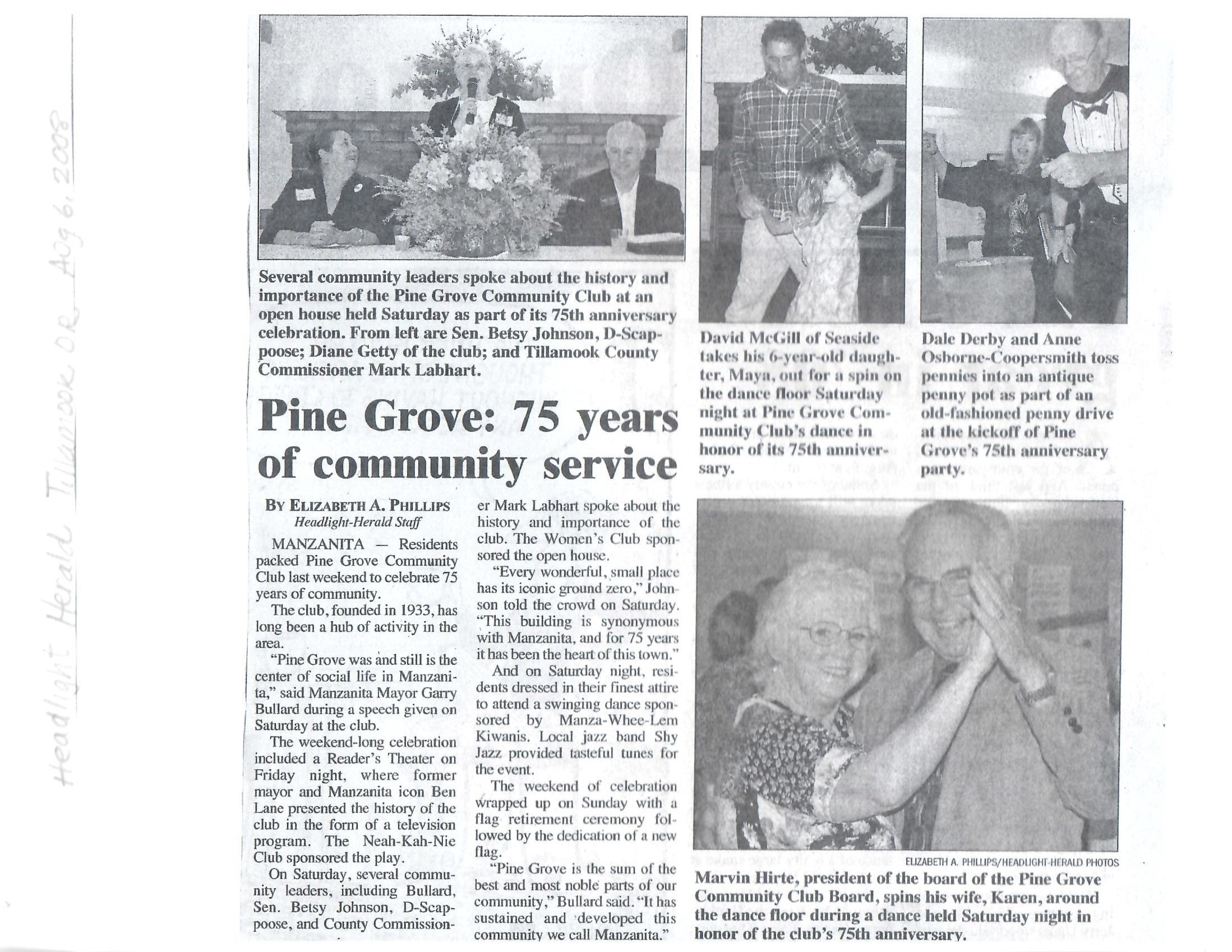 Black and white newspaper article about the 75th anniversary celebration of the Pine Grove Community Club, featuring photos of community leaders, children at a dance, and an elderly couple at a dance event, with headlines and captioned pictures.