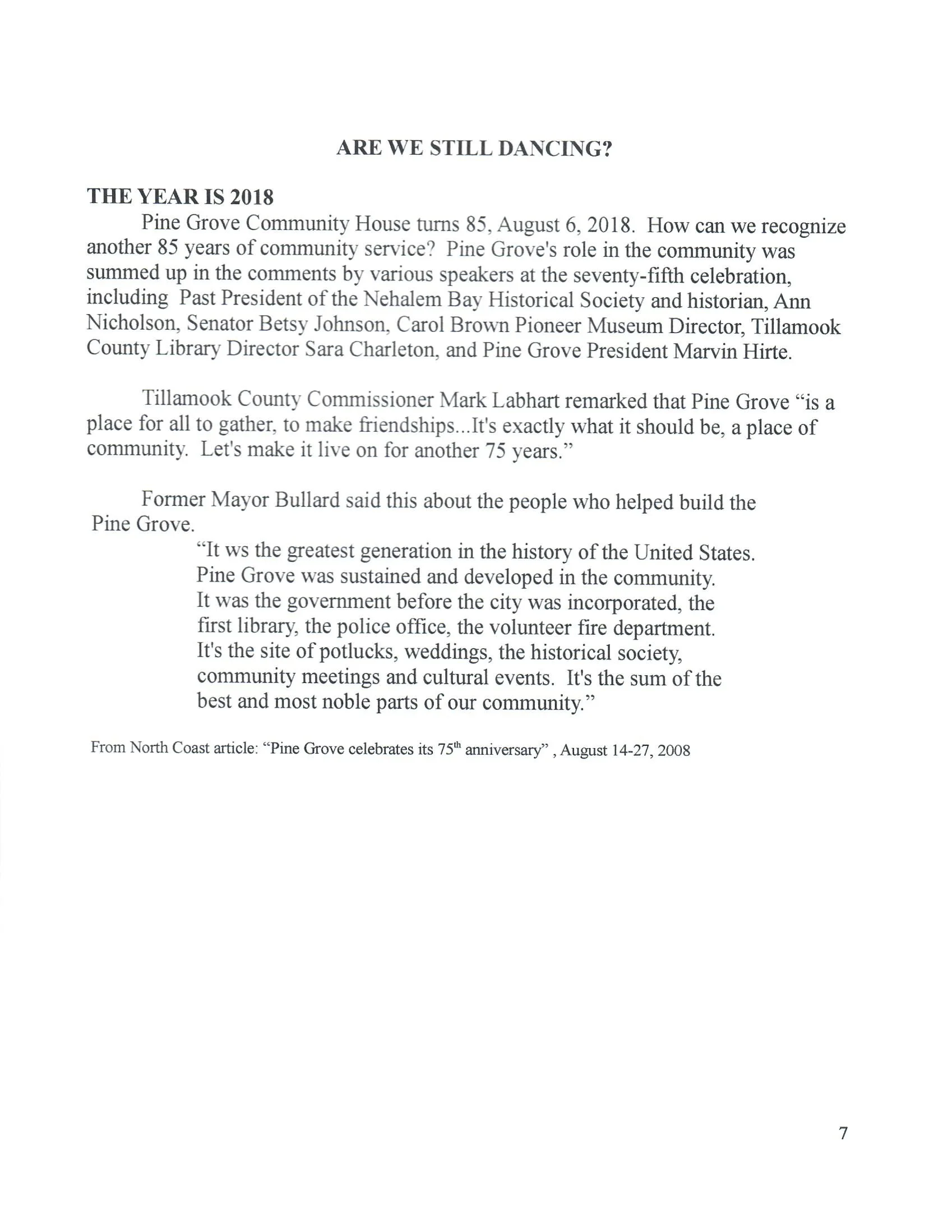 Text document titled 'Are We Still Dancing?' discussing Pine Grove Community House's 85th anniversary in 2018 and its significance to community history and development.