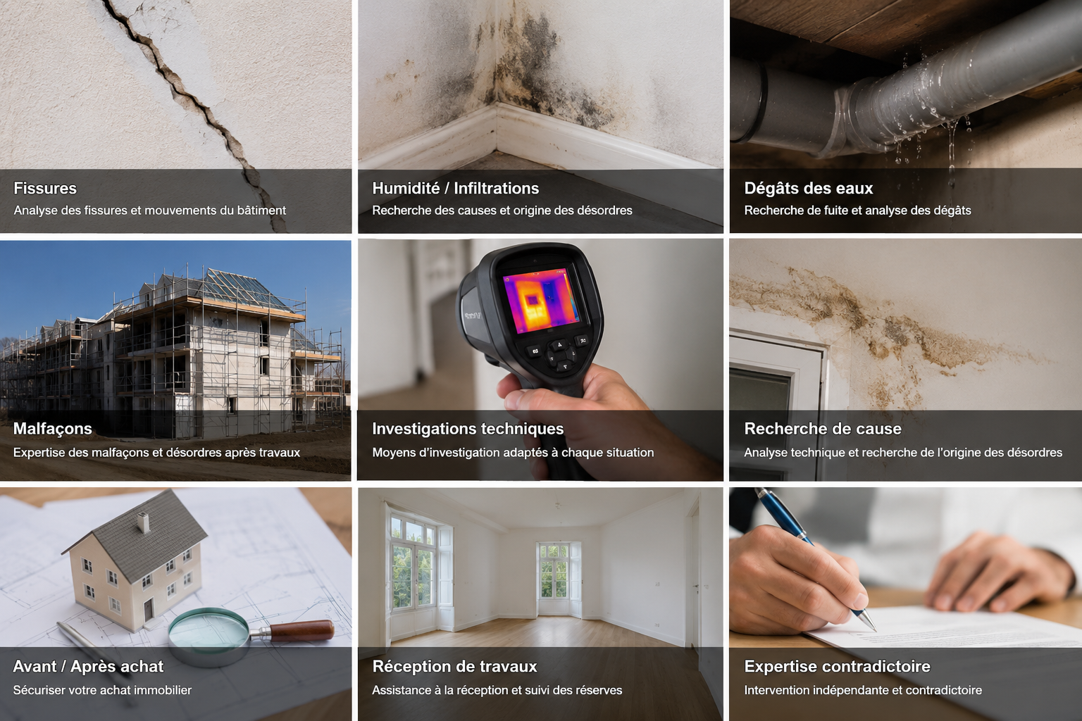 Une grille de neuf images représentant divers aspects de la détection de problèmes dans des bâtiments, incluant des fissures, humidité, déversements d'eau, construction, inspection technique, recherche de cause, inspection immobilière, réception de travaux, et expertise contradictoire.