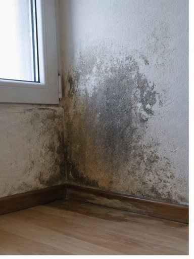 Moule de moisissure noire et verte sur un mur intérieur à côté d'une fenêtre.