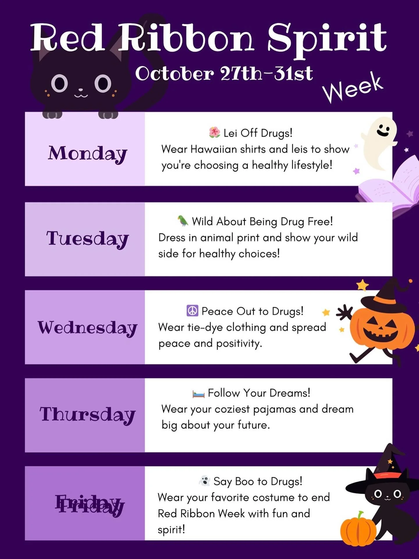 We&rsquo;re celebrating Red Ribbon Week with some fun spirit days! We hope you can dress up with us ✨🦋🌸🎃