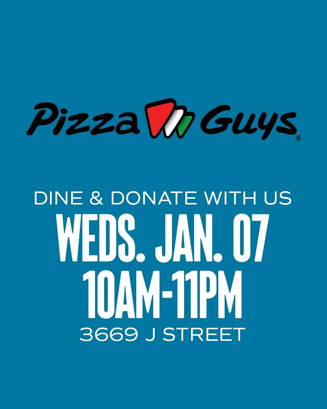 Welcome back! Join us at this month&rsquo;s Dine &amp; Donate on Wednesday, January 07 for 🍕🍕🍕
.
10am-11pm
Pizza Guys 
3669 J Street
.
30% of your purchase will be donated back to David Lubin. Show flyer ➡️ at check out.
