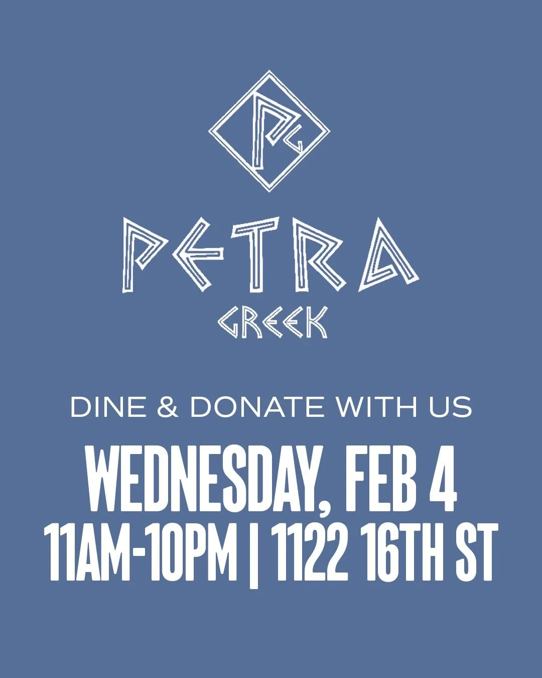 Dine and Donate with us this week at @petragreek in Midtown! A portion of your sale will be donated back to David Lubin 🇬🇷🥙🏛️

Wednesday, Feb 4
11am-10pm
1122 16 Street

Please use the code: DavidLubin at check out!