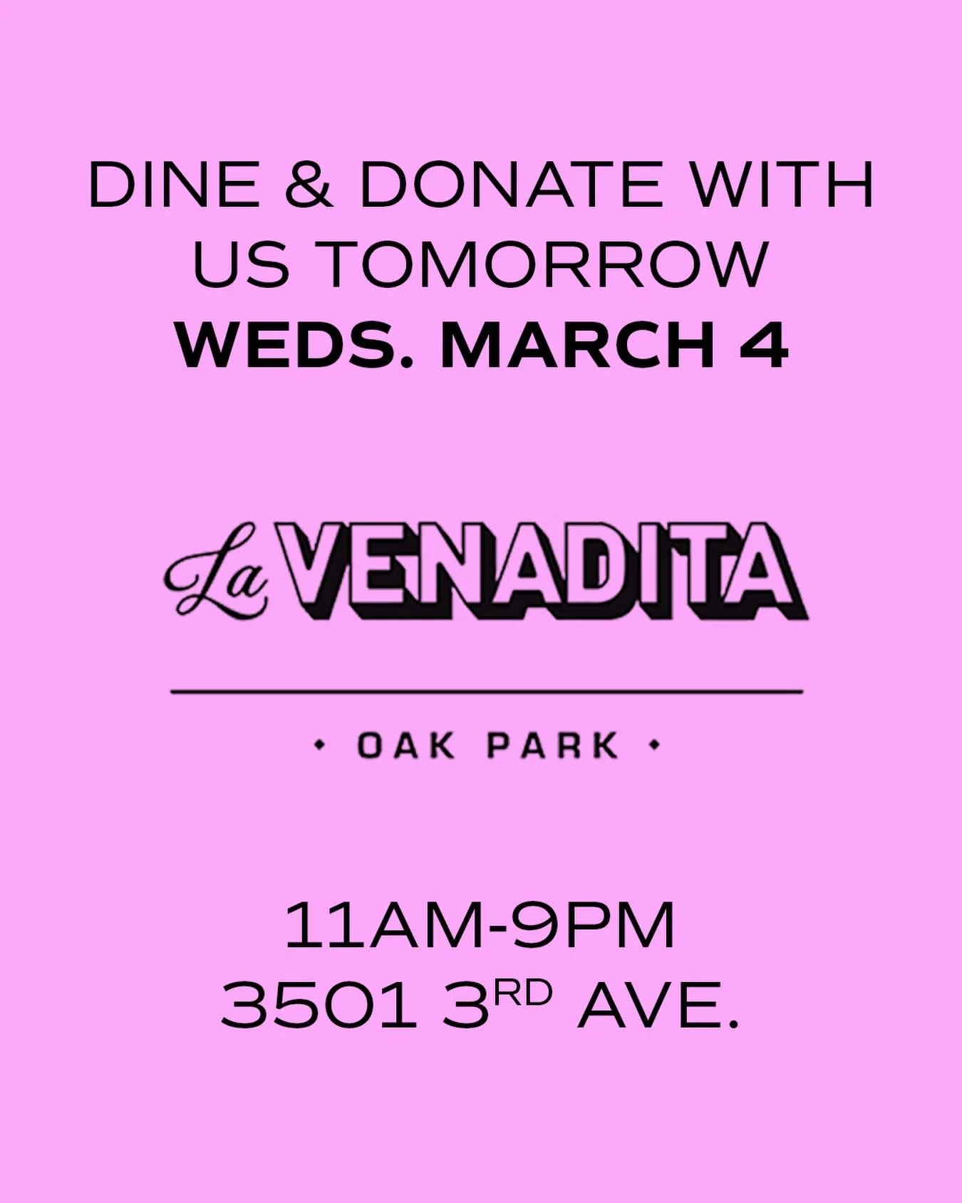 Join us tomorrow for our March #DineandDonate Event!
.
La Venadita Oak Park
3501 3rd Ave
11am-9pm
.
Use &ldquo;David Lubin&rdquo; at checkout and a portion of your sale will be donated back to the school!