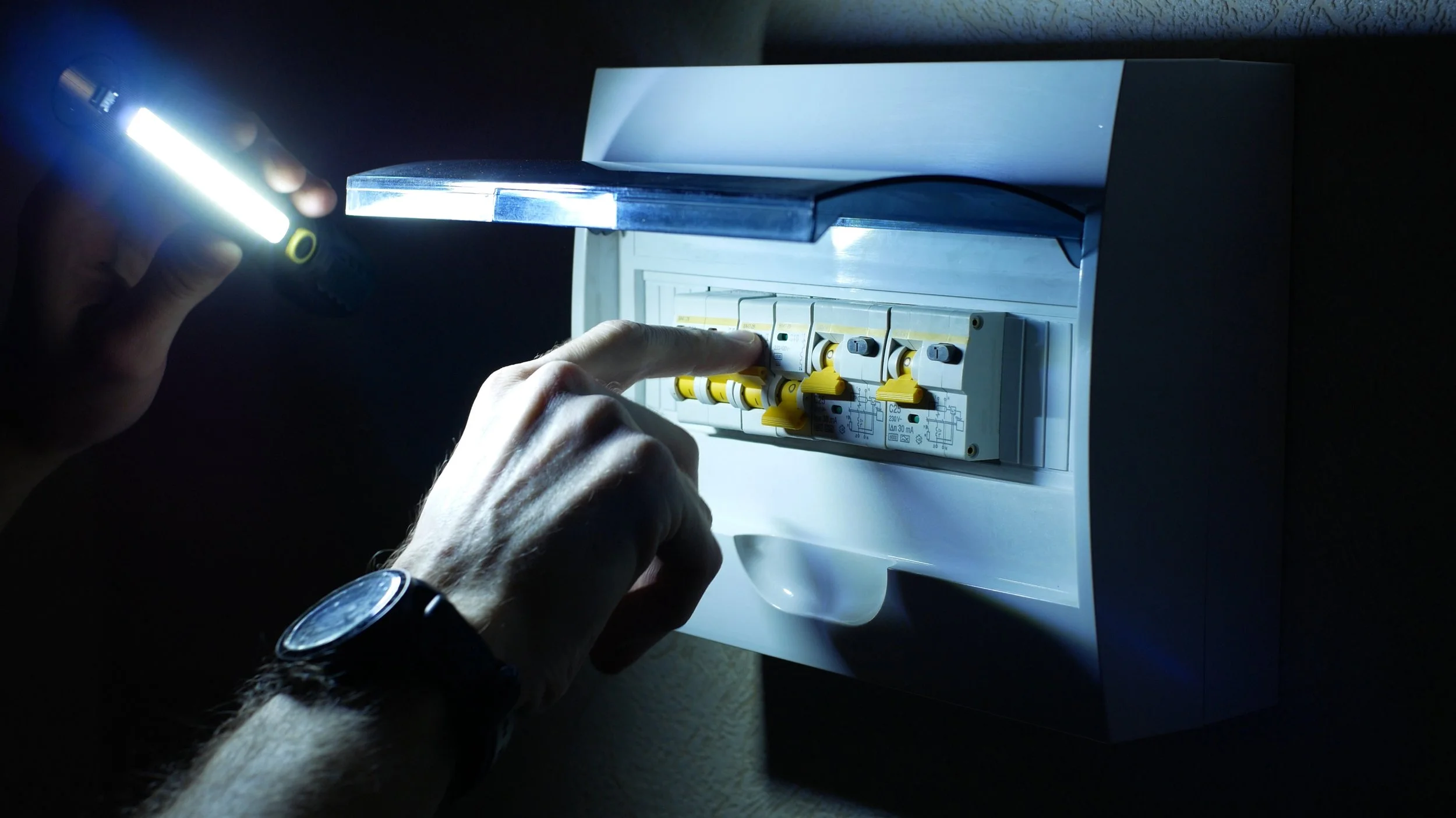 Person schaltet einen Stromkreis im Verteilerkasten mit Taschenlampe