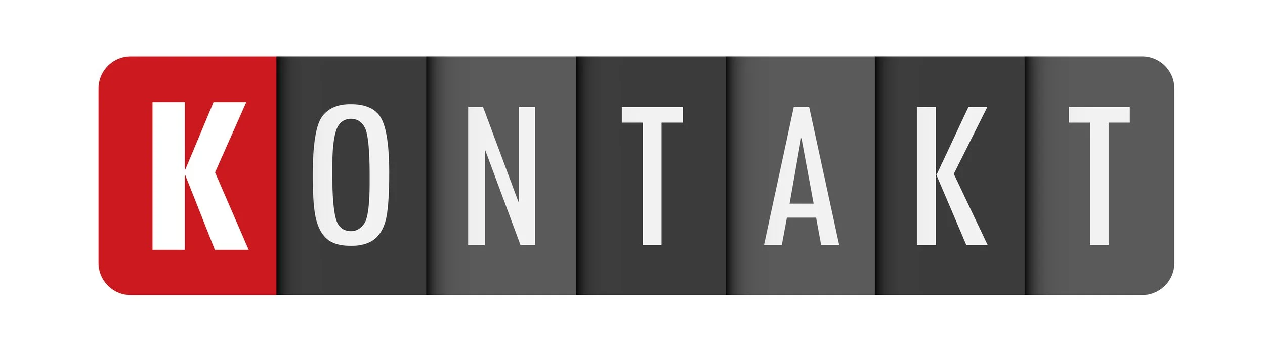 Ein Logo mit dem Text 'KONTAKT' auf einer art digitalem Anzeigetafel mit schwarzen, grauen und roten Elementen.