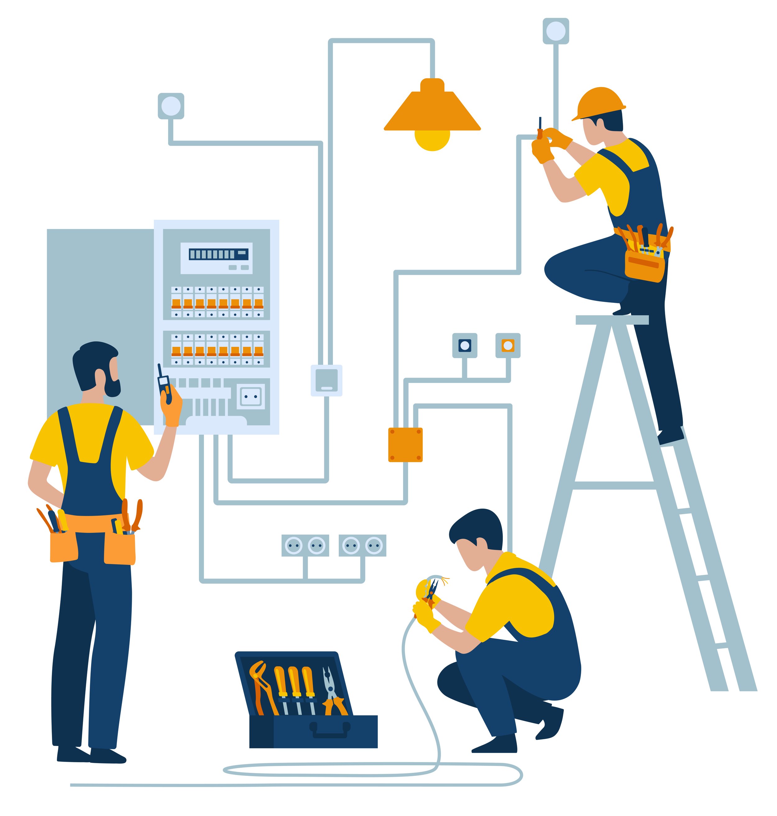 Drei Elektriker arbeiten an einer elektrischen Verteilung mit Schaltkasten und Kabeln, einer steht auf einer Leiter, ein anderer kniet auf dem Boden, der dritte steht mit einem Handgerät. Sie sind mit Werkzeugen und Sicherheitsausrüstung ausgestattet.
