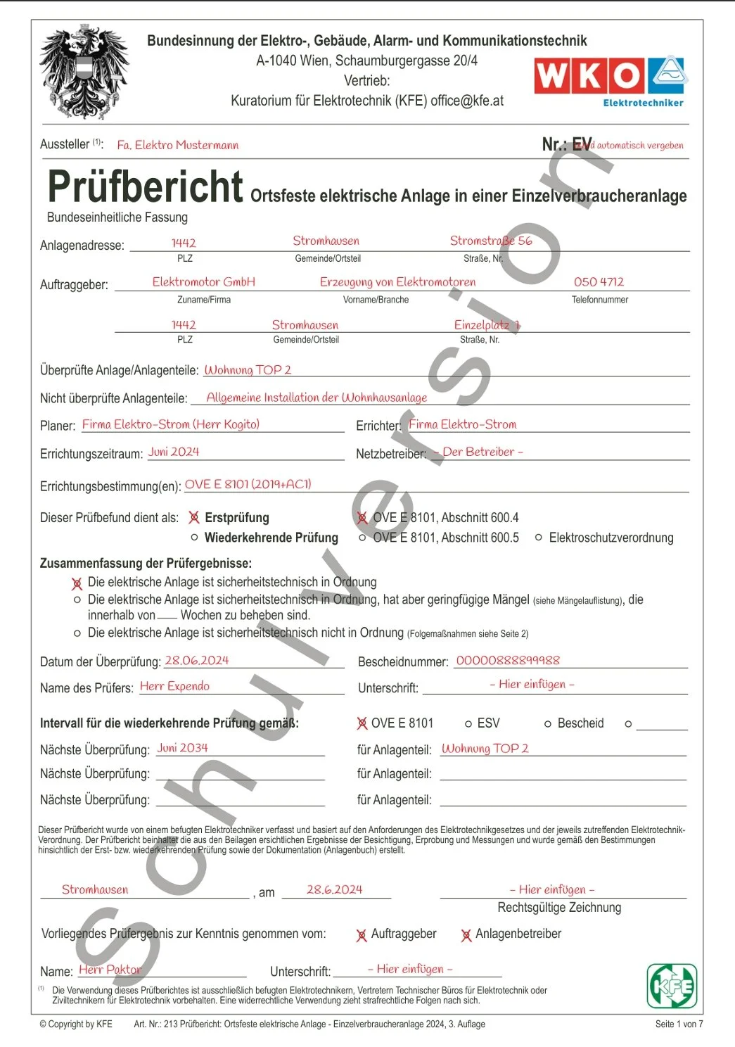 Prüfbericht für eine elektrische Anlage in einem Mehrfamilienhaus, bestätigt am 28.06.2024, mit Details zu Adresse, Betreiber, Prüfungsergebnissen und Prüfer.
